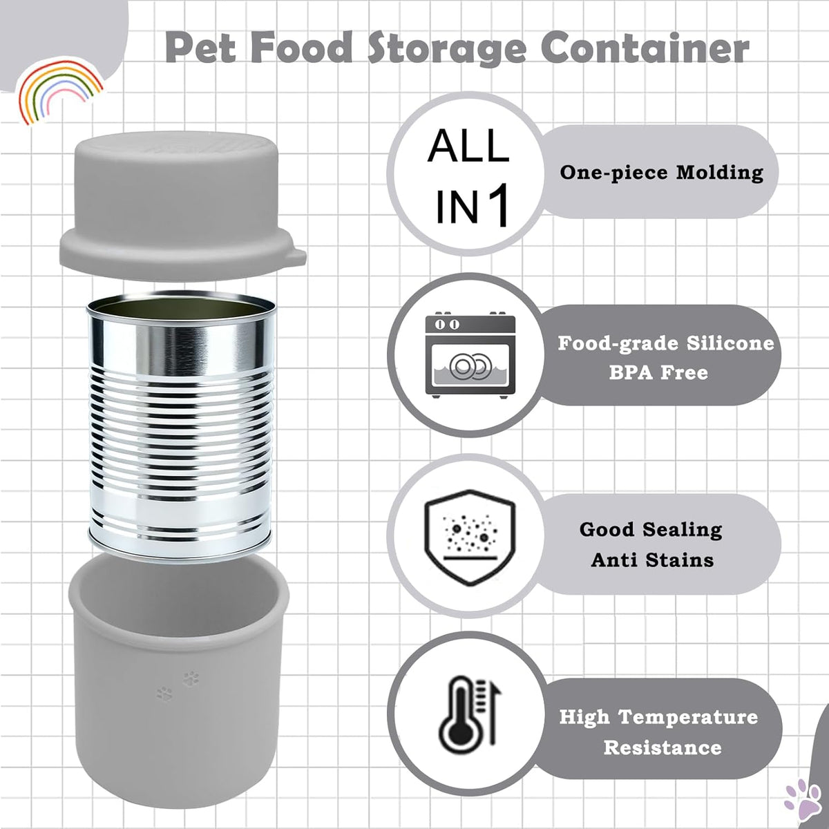Original Canned Dog Food Storage Container | Silicone Can Cover Pet Food Sealer | BPA Free, Airtight, Dishwasher & Freezer Safe (Grey)