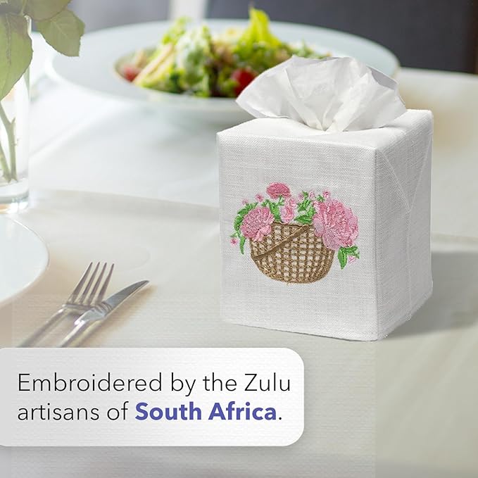 Jacaranda Living Square Tissue Box Cover, Linen/Cotton Fabric Tissue Holder, Decorative Cloth Tissue Cube Cover, Coastal Designs Striped Nautilus (Beige)
