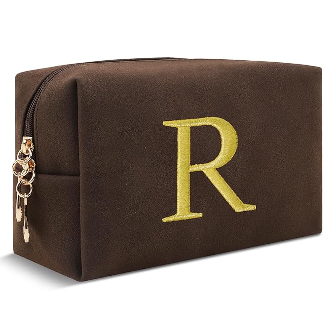 Personalized Initial Makeup Bag,Preppy Suede Cosmetic Bag for Teen Girls,Small Monogram Travel Toiletry Bag With Gold Embroidered Letter,Trendy Stuff Custom Christmas Gift for Women(Coffee-R)