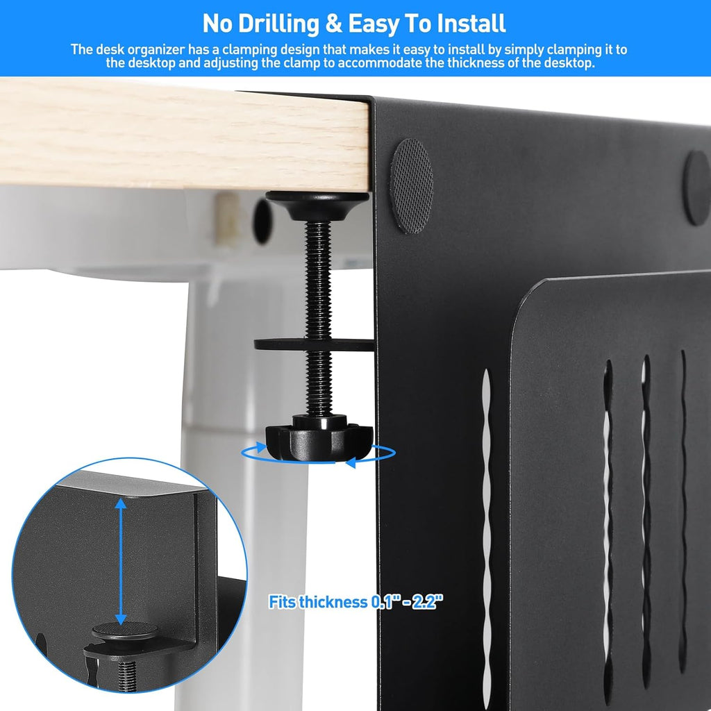 MAXECHO Desk Side Storage, Under Desk Laptop Mount, Table Side Hanging File Organizer, No Drill Clamp On Cable Management Tray, Laptop Holder with Magnetic Pen Holder for Office and Home, Load 22 Lbs