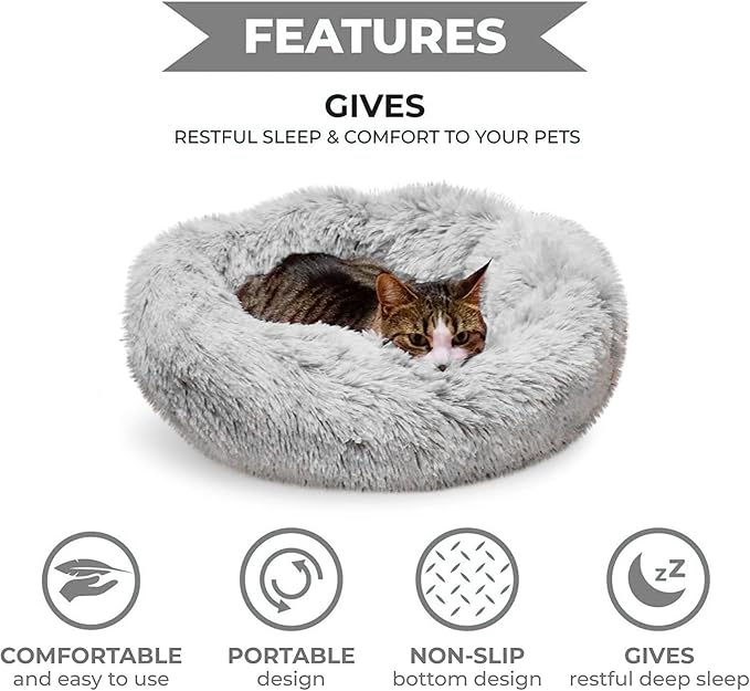 Whiskers & Friends Cat Bed, Cat Beds for Indoor Cats Washable, Orthopedic Soft Fluffy Round Calming Pet Bed for Small to Large Kitty Kittens & Dogs, Small Dog Beds & Furniture