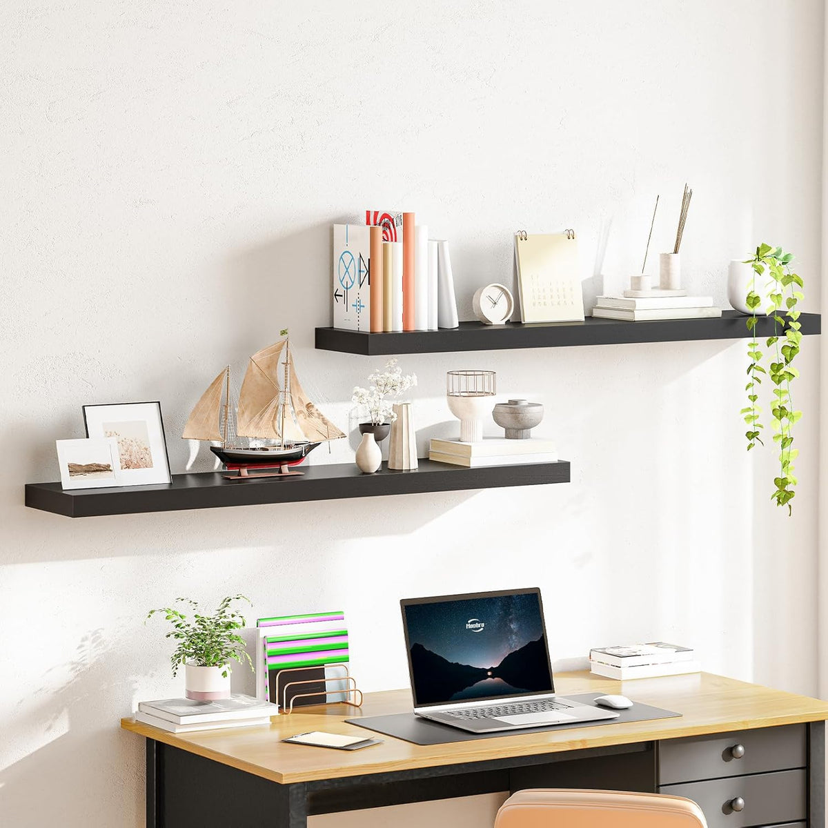 HOOBRO Floating Shelves for Wall, Wall Mounted Shelf Set of 2, 47.2" Hanging Shelf with Invisible Brackets, for Wall in Bathroom, Bedroom, Toilet, Kitchen, Living Room, Office, Black BK120BJP201