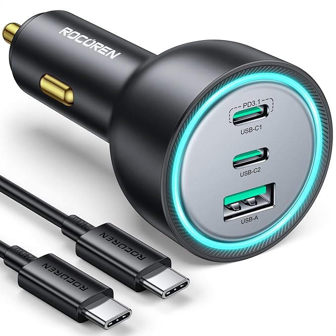 165W Car Charger for Laptops, PD3.1 140W/PD3.0 100W USB C Car Charger,Super Fast Charging Cigarette Lighter USB Charger Adapter with 240W Cable for MacBook Pro,iPhone 17/16/15,Samsung S25,iPad
