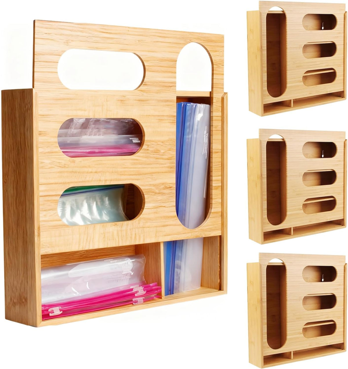 Storage Bag Organizer, Bamboo Ziplock Holder Baggie Organizer for Drawer and Wall Mount, Compatible with Gallon, Quart, Sandwich, Snack,DessertSize Bag (2)