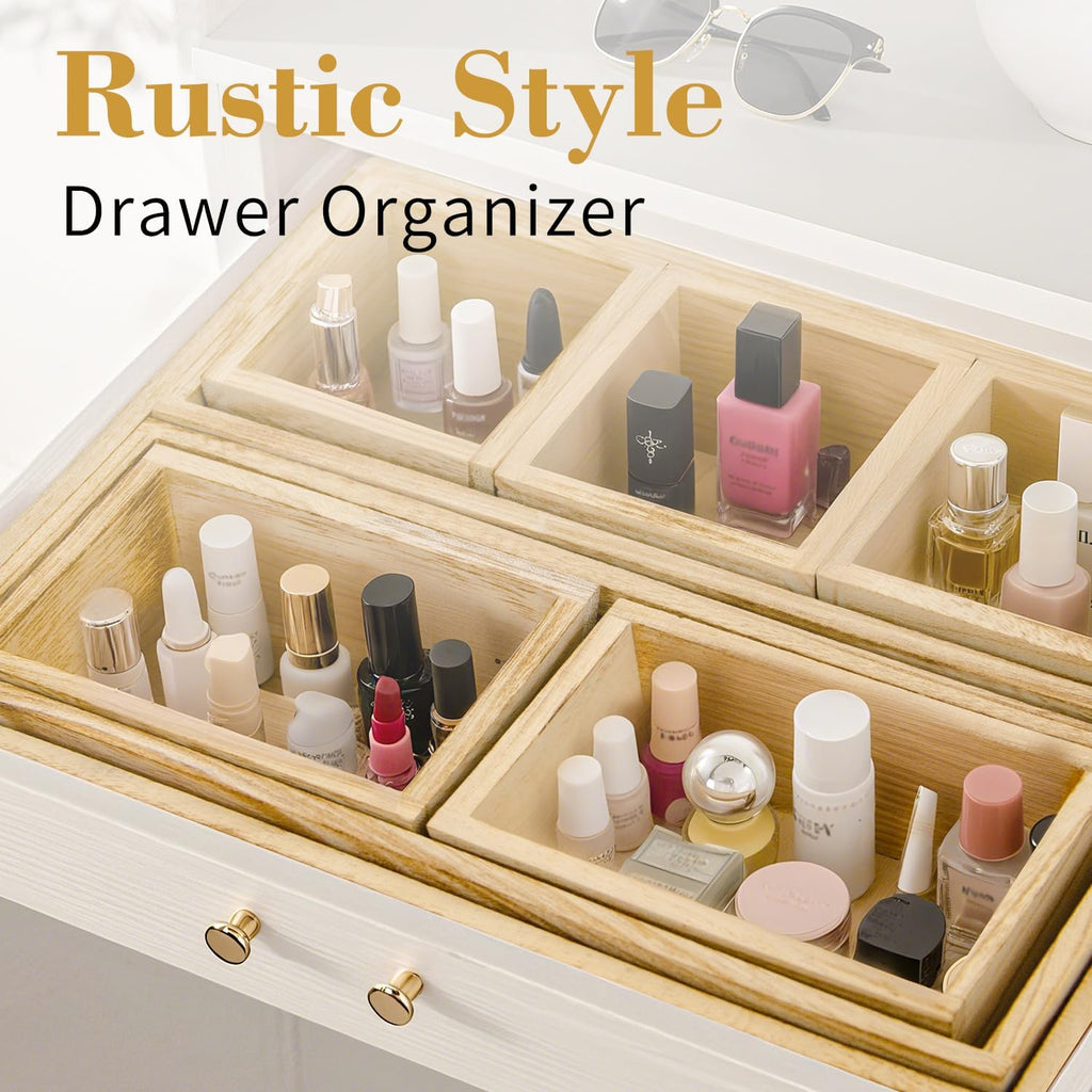 Rustic 8 Piece Wood Desk Drawer Organizer Tray, Nightstand Organizer, 4 Size Wooden Drawer Divider Organizer Set For Office Vanity Makeup Jewelry Bedroom Clothes Storage(Natural)