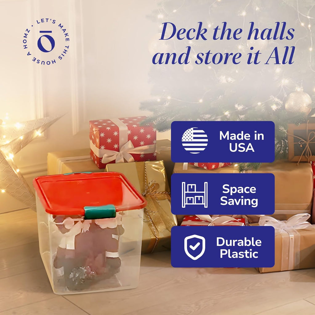 HOMZ 4-Pack Holiday Tote, Plastic Storage Organizer Bins with Lids, 31 Quart, Clear/Red - Stackable Organizing Containers for Home, Garage, and Office