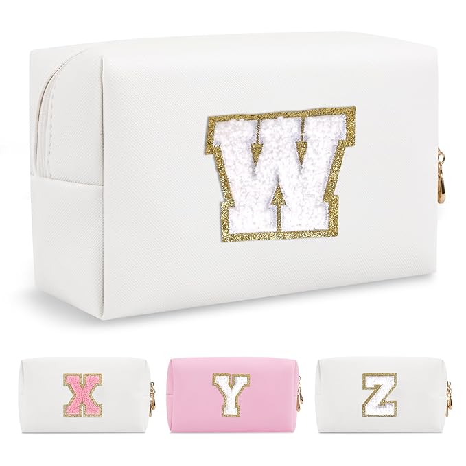 Small Personalized Initial A-Z Preppy Patch Makeup Bag,White PU Chenille Letter Travel Cosmetic Pouch with Zipper,Cute Toiletry Bag,Gift Ideal for Teen Girls Women Teacher Bridesmaid,Letter W