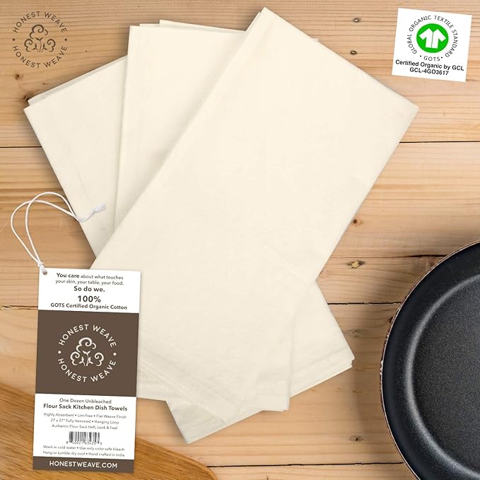 HONEST WEAVE GOTS Certified 100% Organic Flour Sack Cotton Kitchen Hand and Dish Towel Sets - Extra Large 27x27 inches, Fully Hemmed, 12-Pack, Natural Tan