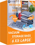 6 XX Large Vacuum Storage Bags, Space Saver Sealer Compression Bags for Blankets, Comforters, Pillows, Clothes Storage