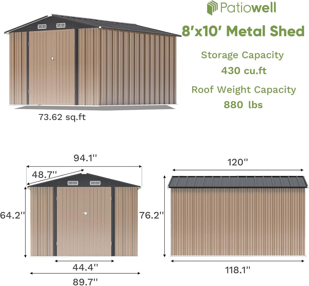 Patiowell 8x10 FT Outdoor Storage Shed, Large Garden Tool Metal Shed with Sloping Roof and Double Lockable Door, Outdoor Shed for Backyard Garden Patio Lawn, Brown