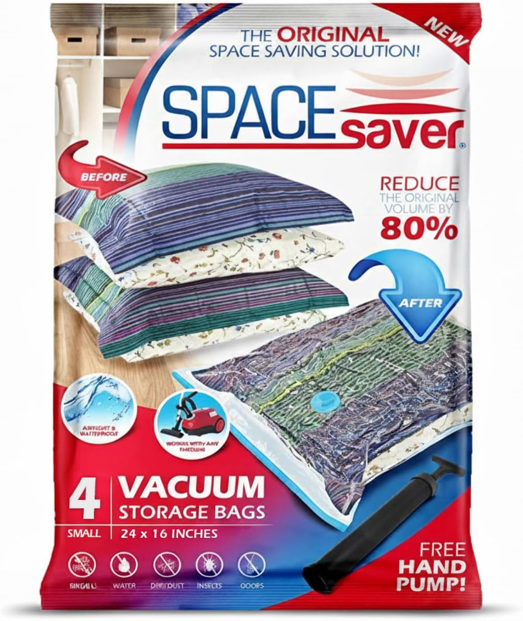 4 Pack Small Vacuum Storage Bags for Comforters, Blankets & Clothes – Vacuum Sealed Compression Bags with Hand Pump – Space Saver Storage Bags for Bedding, Moving, Travel & Organization