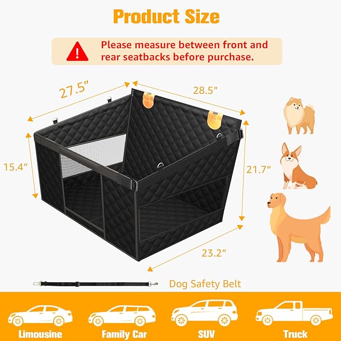 PETICON Large Dog Car Seat, Back Seat Extender for Dogs with 3 Mesh Windows, Waterproof Medium Carseat for Dogs with 4-Splice Hard Bottom, Pet Seat Cover for Cars, Trucks and SUVs (Black)