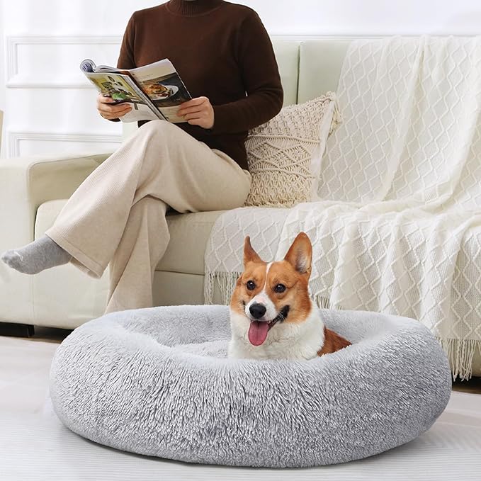 JOLLYVOGUE Dog Bed, Calming Anti-Anxiety Large Dog Bed, Fluffy Donut Cushion for Medium and Large Pets (27"/30"/36")