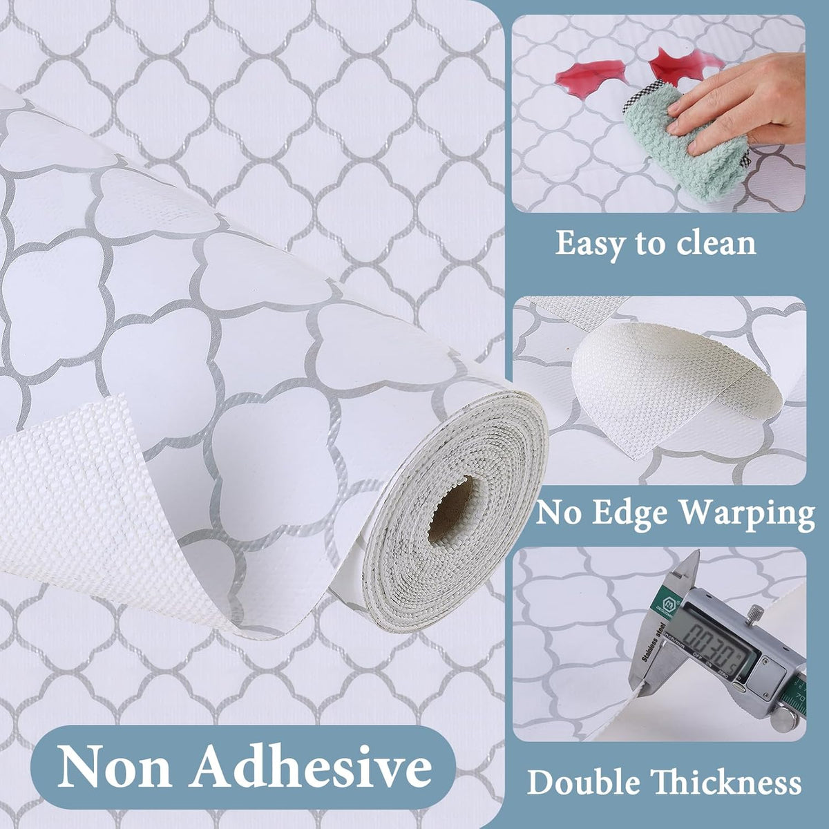 Shelf Liners for Kitchen Cabinets 12in x 20FT Non Adhesive Drawer Liner Silver Quatrefoil Shelf Liner Paper Strong Non-Slip Easy to Clean for Tool Box Refrigerator with Knife and Tape Measure