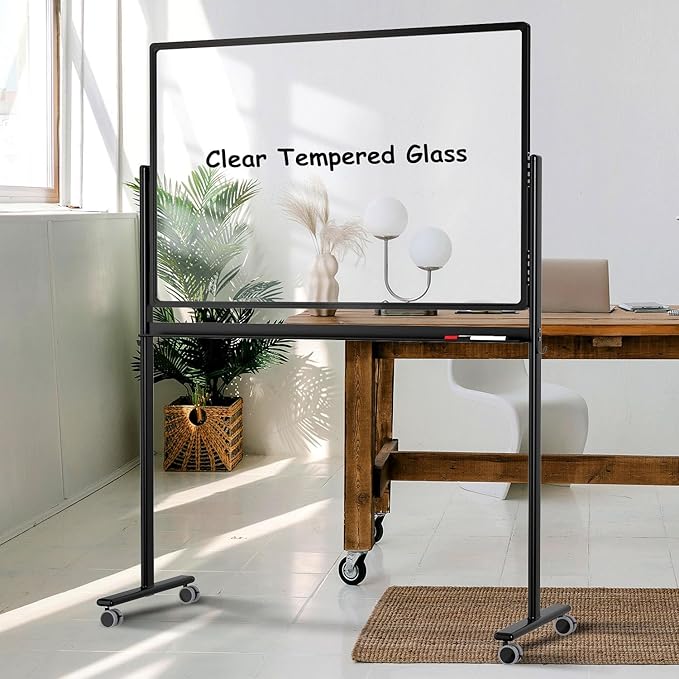 Mobile Clear Glass Whiteboard on Wheels