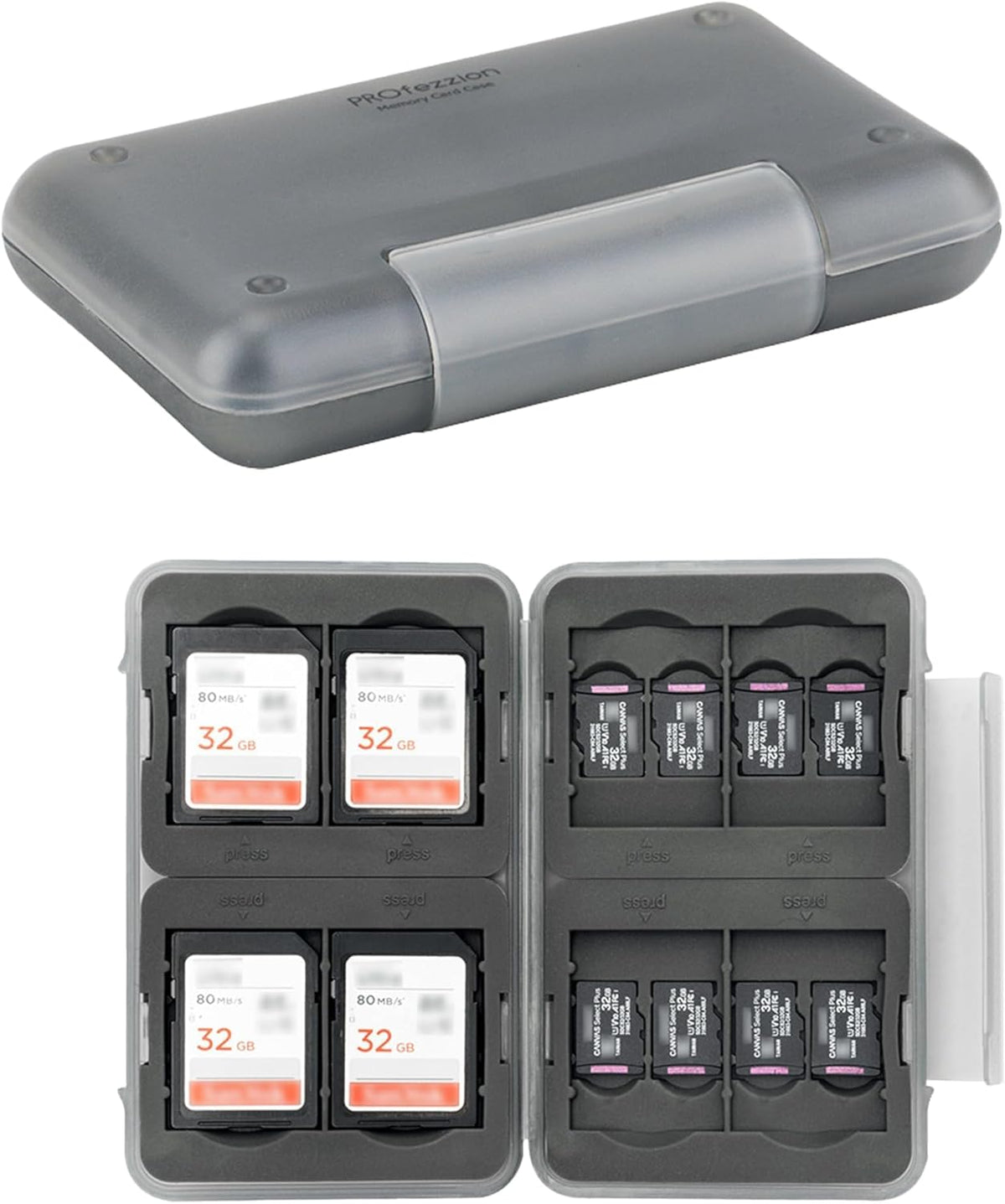 PROfezzion 24 Slots Water-Resistant & Anti-Shock Memory Card Case for 16 Micro SD Card & 8 SD/SDXC/SDHC Card with Rubber Interior Grey