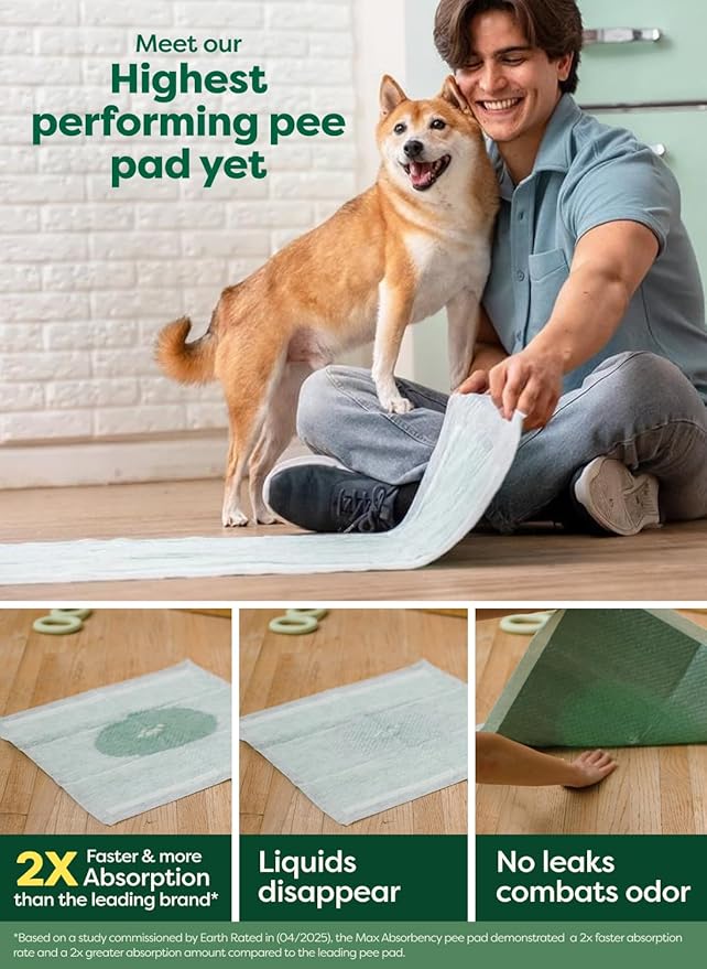 Earth Rated Max Absorbency Puppy Pee Pads for Dogs Absorbs 2X Faster & 2X More, Leak-Proof, Odor Control Potty Training, Unscented, XL, 28” x 34”, 40 Count