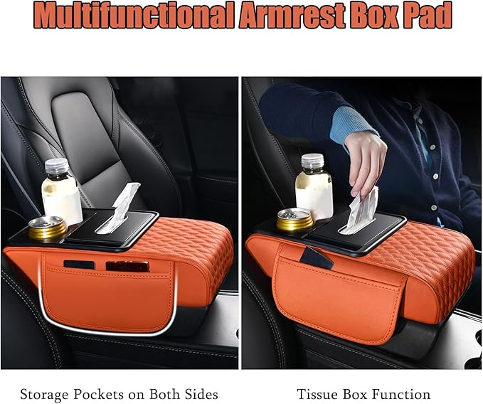 Car Armrest Center Console Cover for Hyundai Santa Fe 2000–2025, Center Console Pad with Cup Holder, Multifunctional Armrest Cushion,E Beige