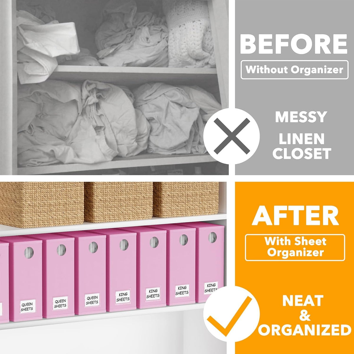 SpaceAid 8 Pack Bed Sheet Organizers and Storage, Foldable Organizer for Linen Closet, Set Folder Keeper with Window XL (Queen & King Size) Bedding Container (Pink, 8 Pack)