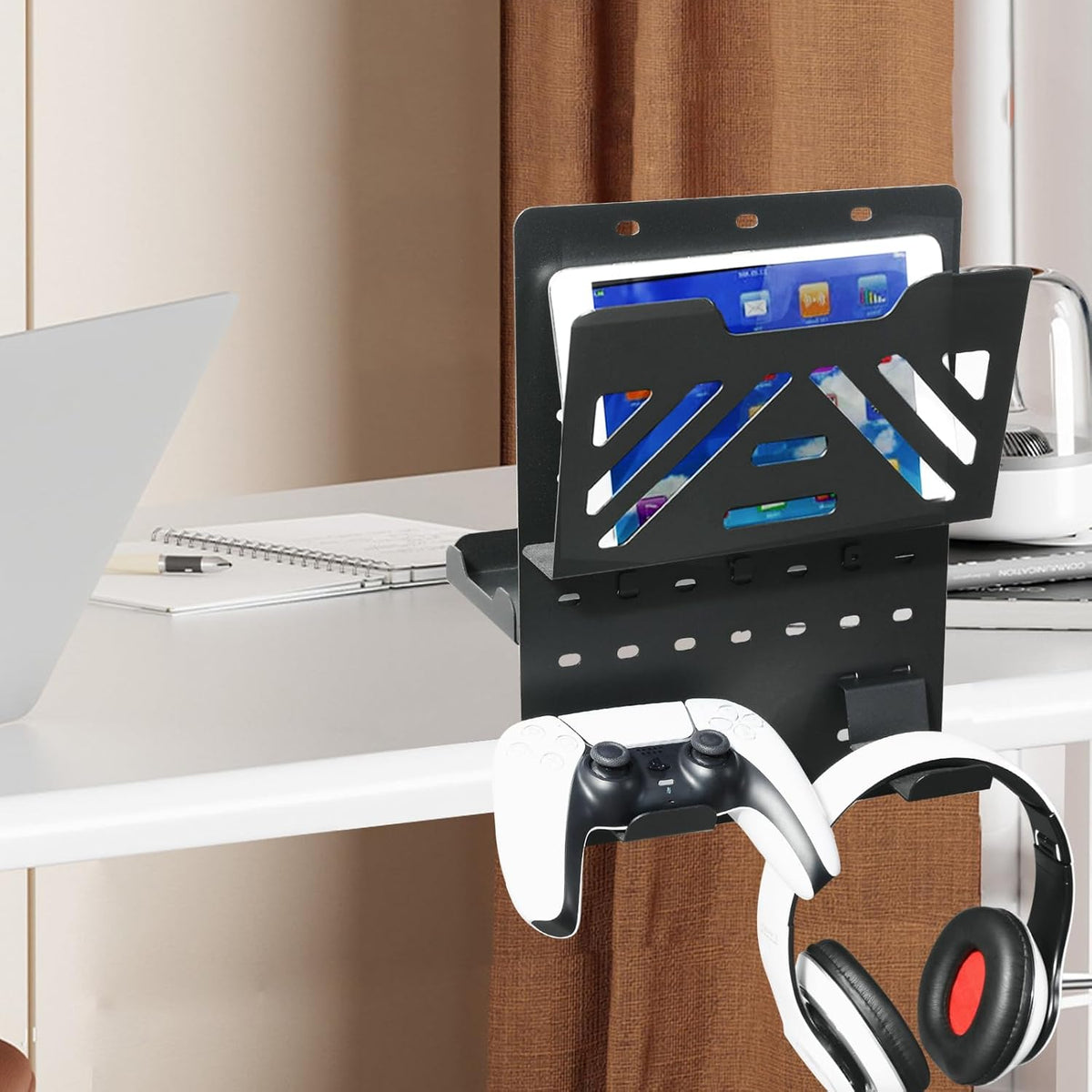 MAXECHO Desk Side Storage Holder, Metal Pegboard, Above or Under Desk Laptop Mount, Table Side Hanging File Organizer, Clamp On Cable Management Tray, Peg Board for Gaming, Office