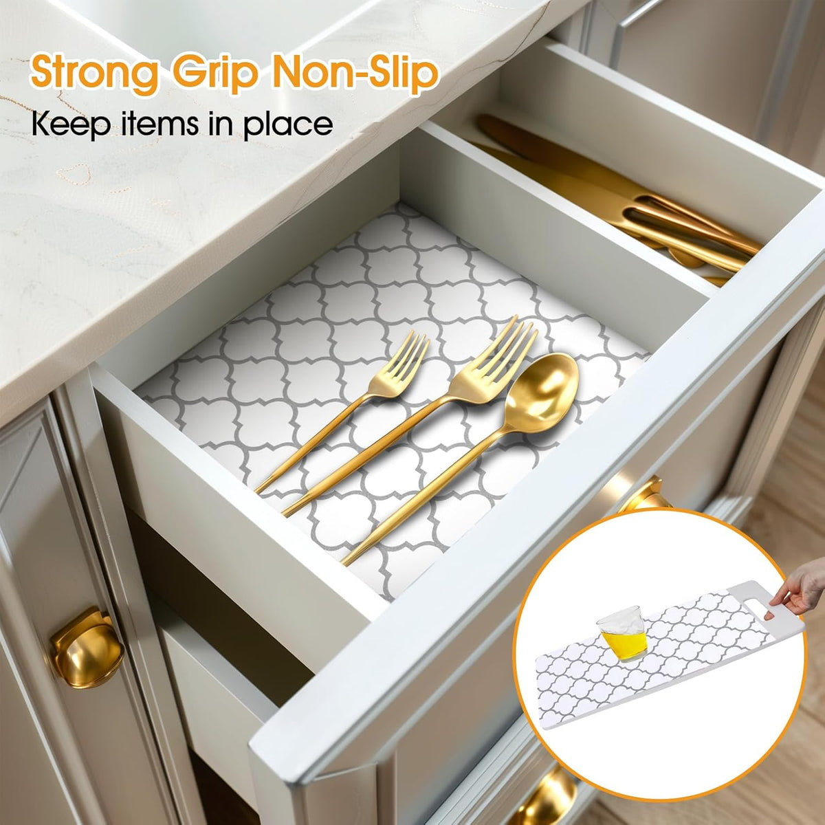 Shelf and Drawer Liner for Kitchen Cabinets Non-Adhesive, Strong Grip Non-Slip Thickened Cabinet Liners for Shelves, Waterproof Mats for Dresser Cupboard, White/Gray, 12 in x 20 Feet