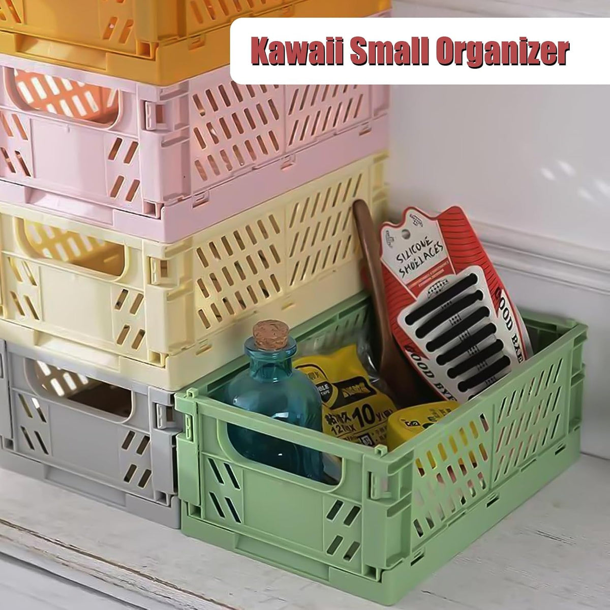 Pastel Plastic Storage Baskets 2 Pack, Collapsible Crates for Organizing, Space-Saving Bins for Kitchen, Office, Bedroom (Orange, Medium:9.8" x 6.5" x 3.8")