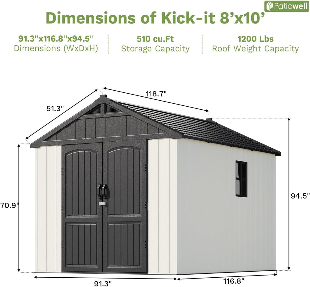 Patiowell 8 x 10 FT Resin Outdoor Storage Shed with Floor and Light, Large Plastic Barn with Lockable Door for Garden Tools, Backyard, Bike Storage, Easy Installation in Beige (Kick-it Shed)