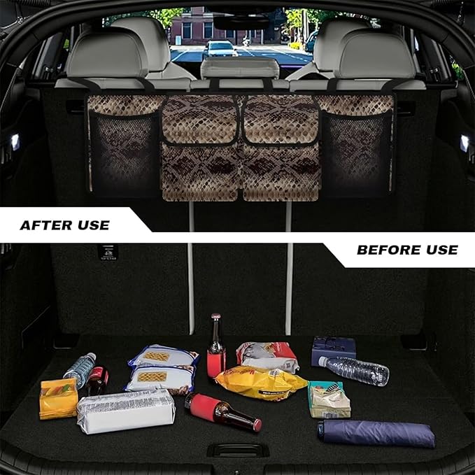 SEANATIVE Brown Snake Skin Back Seat Trunk Organizer Hanging Car Organizer Trunk Foldable Cargo Storage with 4 Large Pockets 3 Adjustable Straps Car Interior Accessories 37.01x11.81inch