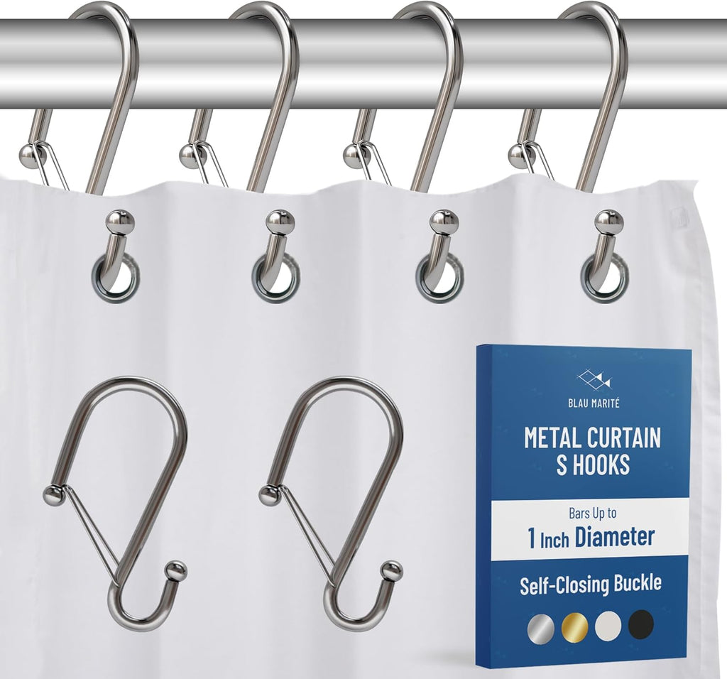 Set of 12 Silver Metal S Hook Shower Hooks 1” – Closed, Heavy Duty, Long Decorative Shower Curtain Hooks, Easy Glide, Buckle, Large Rust Resistant Rings for Bathroom Rods (Silver, S)