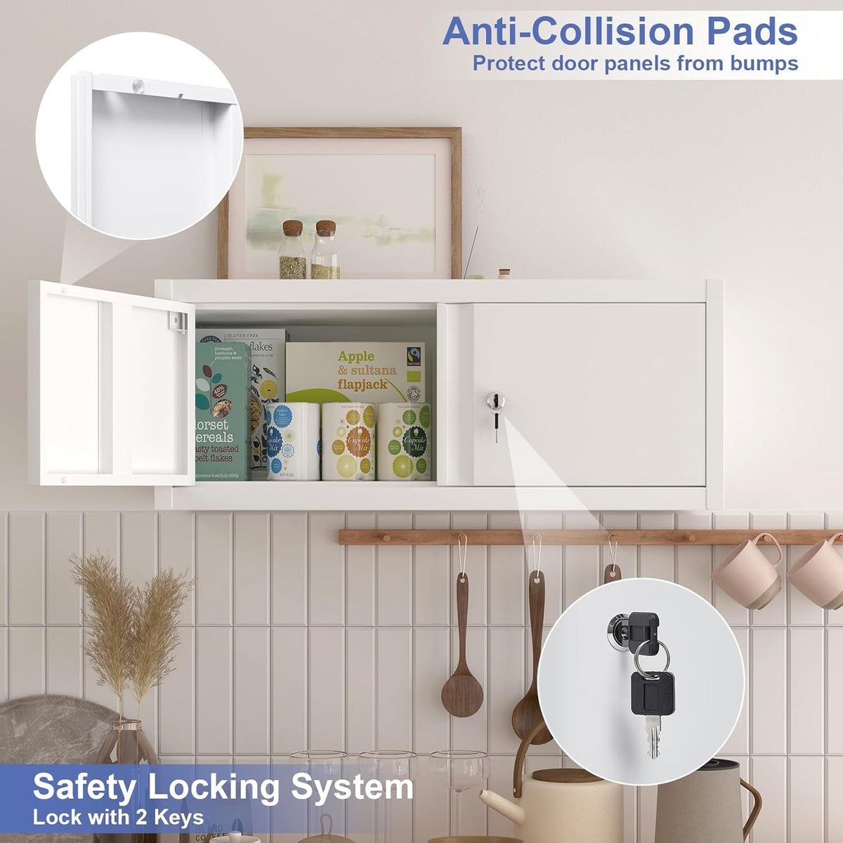 Floating Storage Organization for RV, Hanging Cabinets with Key, 13” H 2 Door Locking Wall Storage Cabinet for Kitchen, Pantry, School, Wall Storage with Lockable Doors, Assembly Required
