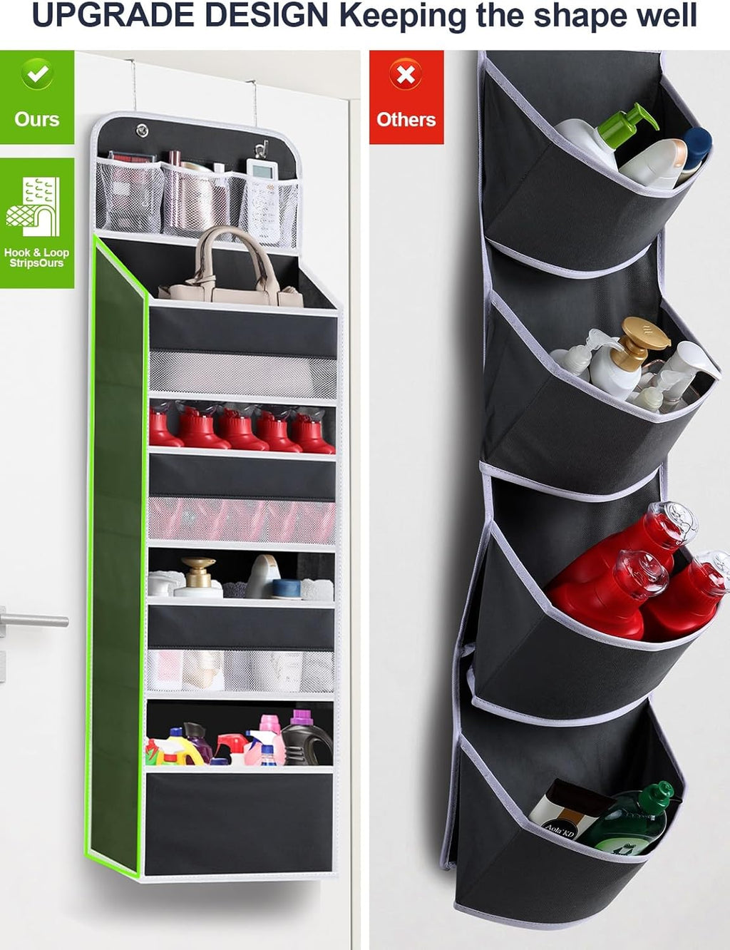 2 Pack Over The Door Organizer, Hanging Storage Organization with Large Capacity Pockets, Swing-Proof Behind Door Storage Shelf for Kicthen Bedroom Nursery Kids Toys Shoes,Black