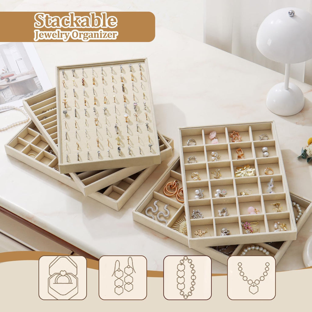 Large Jewelry Organizer for Drawer Insert Velvet Stackable Jewelry Trays for Earring Necklace Bracelet Ring Display (Beige, 48 Grids)