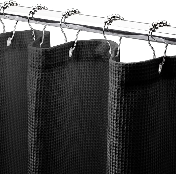 AmazerBath Waffle Shower Curtain, Heavy Duty Fabric Shower Curtains with Waffle Weave Hotel Quality Bathroom Shower Curtains, 72 x 78 Inches (Black)