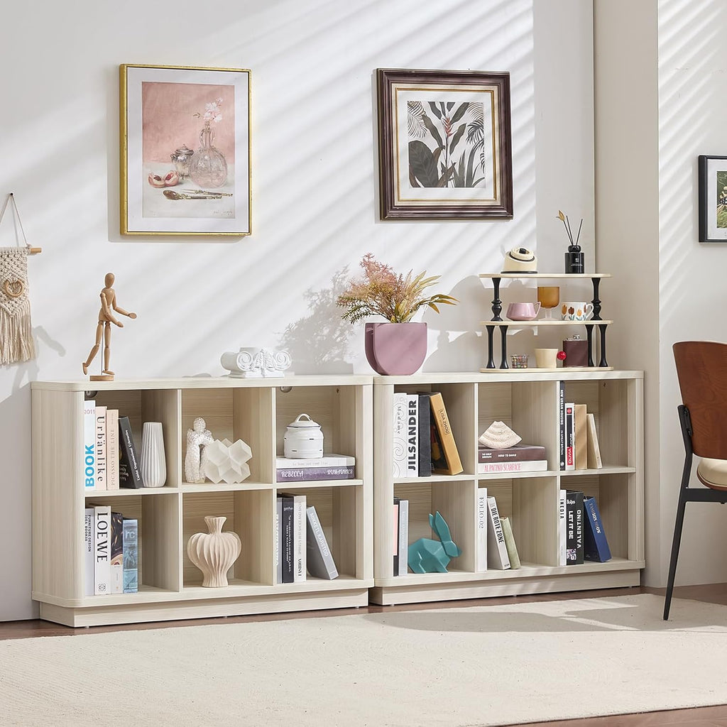 6 Cube Bookcase, 40" Wide Low Horizontal Book Shelf w/Curved Edge, Wood Floor Standing 2-Tier Bookshelf with Base, Modern Short Storage Cabinet Book Case for Bedroom, Office, White Cream Oak