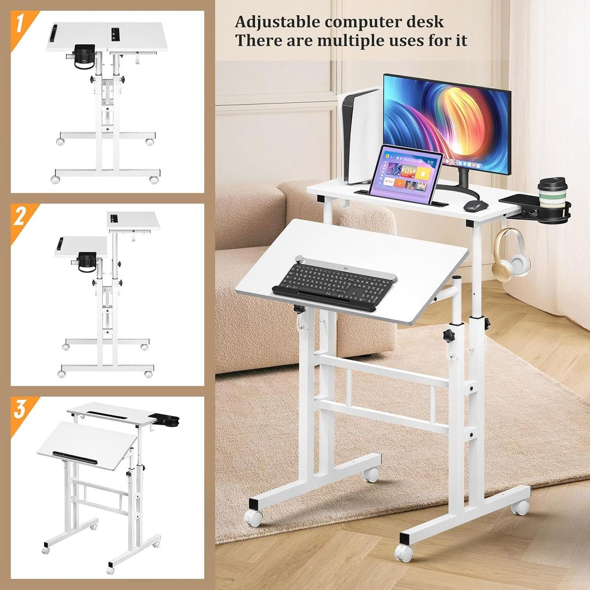 Small Standing Desk with Wheels, Mobile Stand Up Desk, Portable Standing Table on Wheels for Walking Pad, Rolling Computer Desk Adjustable Height, Tall Table