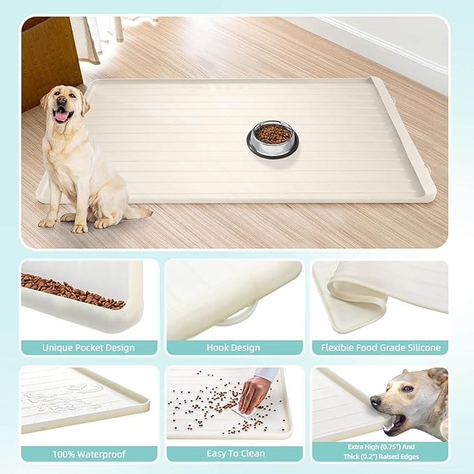 Dog Mat for Food and Water - 39.4" x 27" Large Pet Feeding Mats with Residue Collection Pocket - Waterproof Dog Cat Bowl Mat with High Edges to Prevent Water and Food Spills (Cream)
