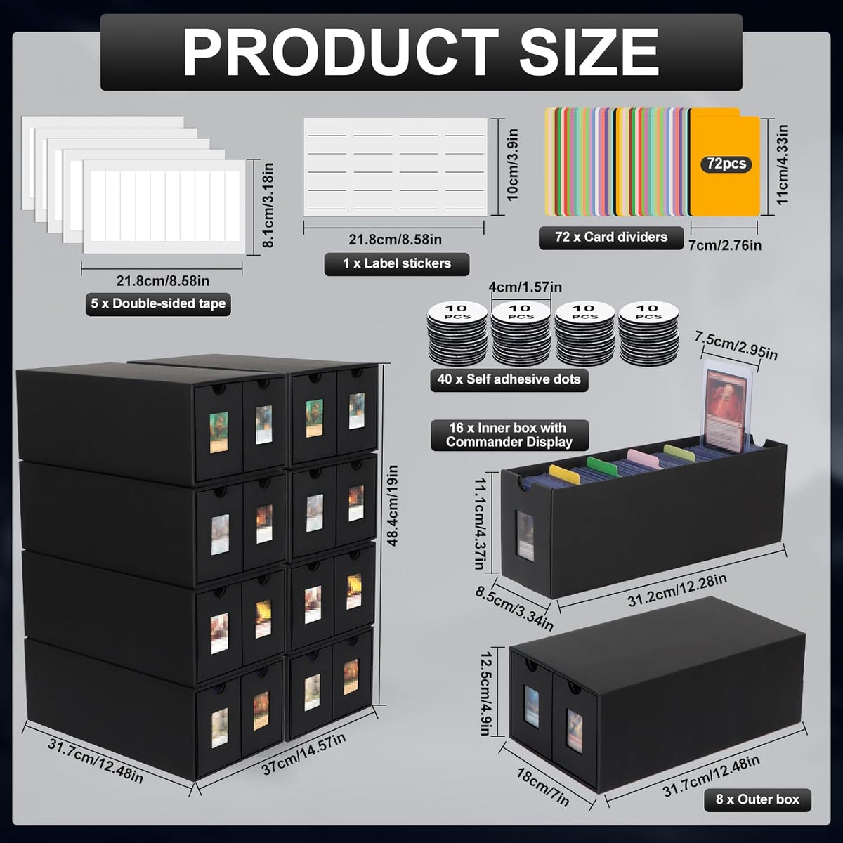 14000+ Card Storage Box, 2700+ Toploader Card Storage Box for Commander Display,with 72 Dividers, Labels & Tapes,Fit for TCG, PTCG, MTG