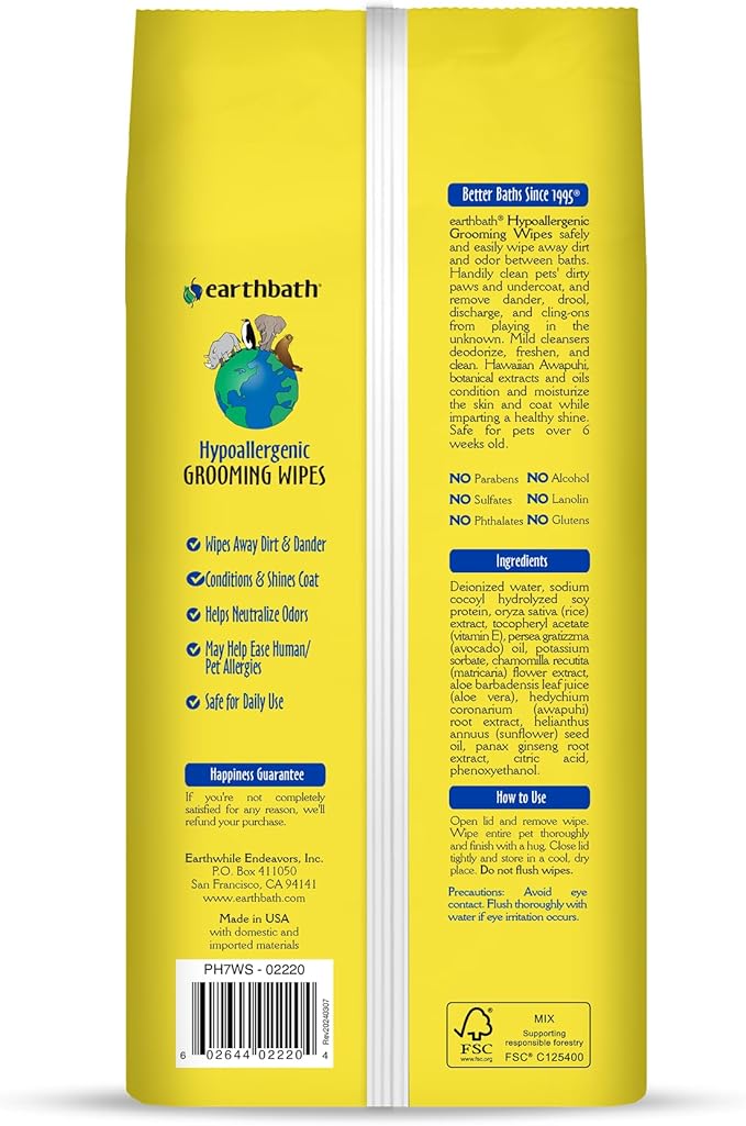 earthbath Dog Grooming Wipes - Dog Wipes for Paws and Butt, Pet Wipes for Dogs & Cats, Helps Itchy & Dry Skin -Fragrance Free, 100 Count (1 Pack)