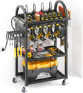 Warome Large Power Tool Organizer Cart with Charging Station, Rolling Utility Cart with 8-Outlet Movable Power Strip, Floor Standing Drill and Battery Holder,Tool Cart on Wheels for Garage Storage