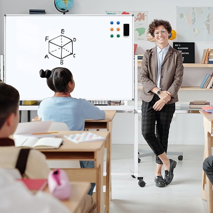 White Board on Wheels, 48 x 32 Inches Height-Adjustable Large Rolling Whiteboard