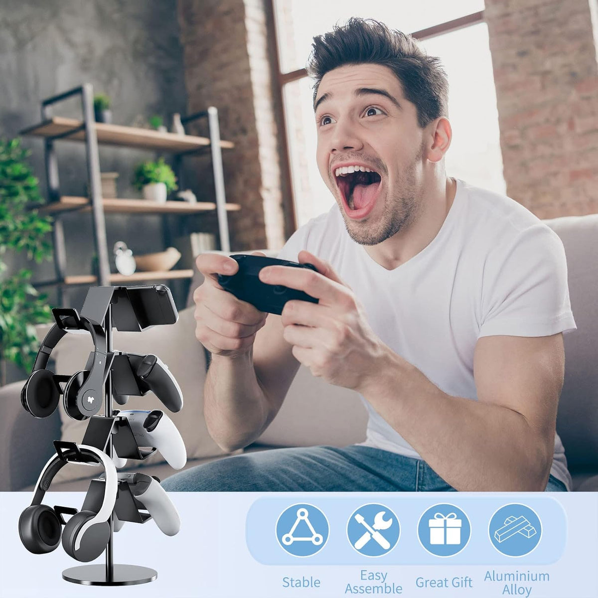 Controller Holder 4 Tier,Headphone Stand - Adjustable Headset Holder for Xbox PS5 PS4 Switch Pro - Gaming Storage for Universal Game Accessories,Desk/Floor(Black)