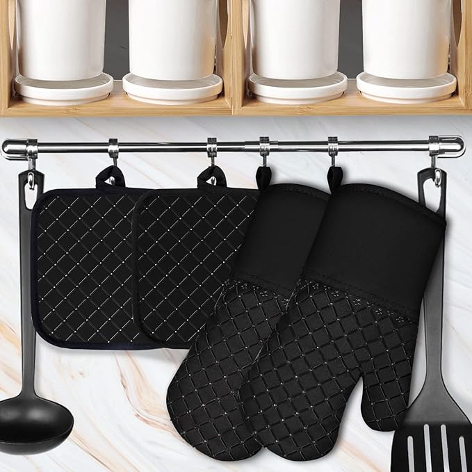 4PCS Oven Mitts and Pot Holders Sets 500°F Pot Holders for Kitchen Heat Resistant Oven Gloves Anti-Slip Silicone Stripe Oven Mitts Heat Resistant Hot Pads Oven Mits Potholders for Kitchens (Black)