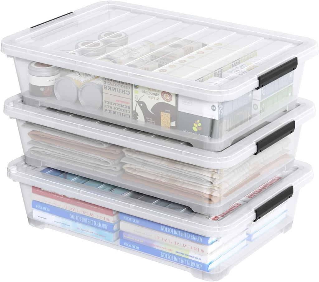 20 Quart Clear Plastic Under Bed Storage Boxes, Set of 3 Wheeled Underbed Storage Containers
