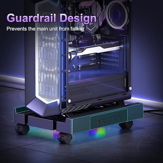 Computer Tower Stand with Charging Station, Cooler Fan and Light, Adjustable PC