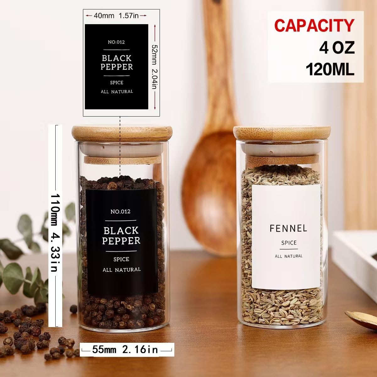 24 Pcs Glass Jars With 296 Spice Labels Preprinted of White and Black Color- 4oz Thicken(2.4mm) Empty Small Herb Seasoning Containers With Bamboo Airtight Lids
