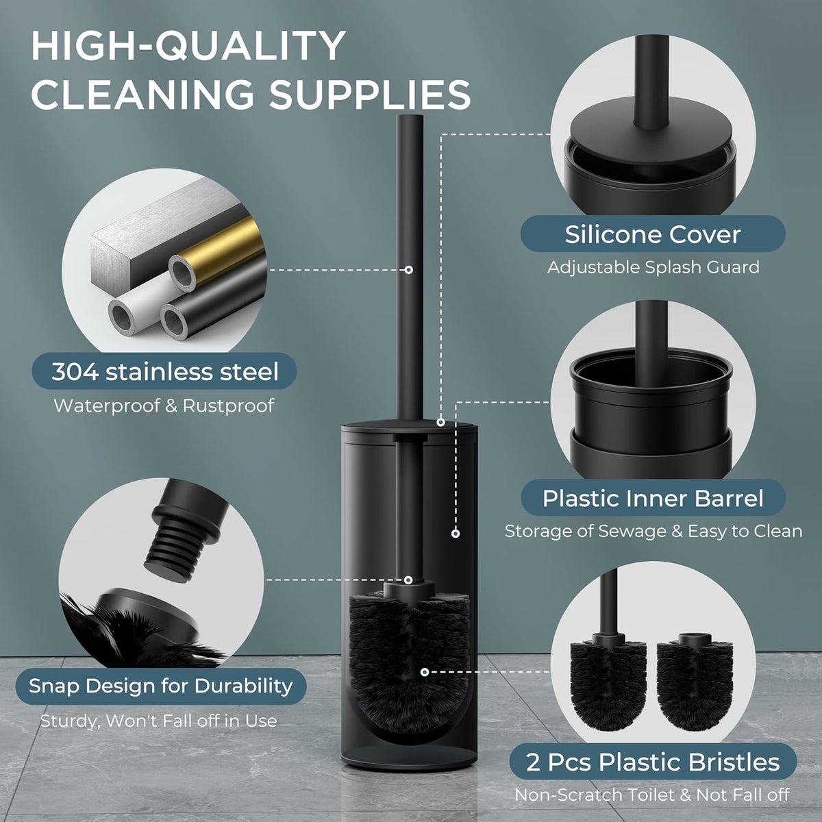 FORIOUS Toilet Brush and Holder Set Black, Heavy Duty 304 Stainless Steel Base and Long Handle Toilet Bowl Cleaners Brush, for Bathroom Storage and Organization, 2 Brush Head