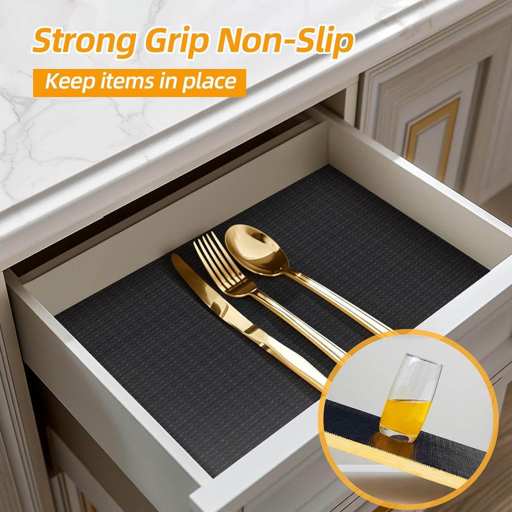Shelf and Drawer Liner for Kitchen Cabinets Non-Adhesive, Strong Grip Non-Slip Thickened Cabinet Liners for Shelves, Waterproof Mats for Dresser Cupboard, Black, 23 in x 20 Feet
