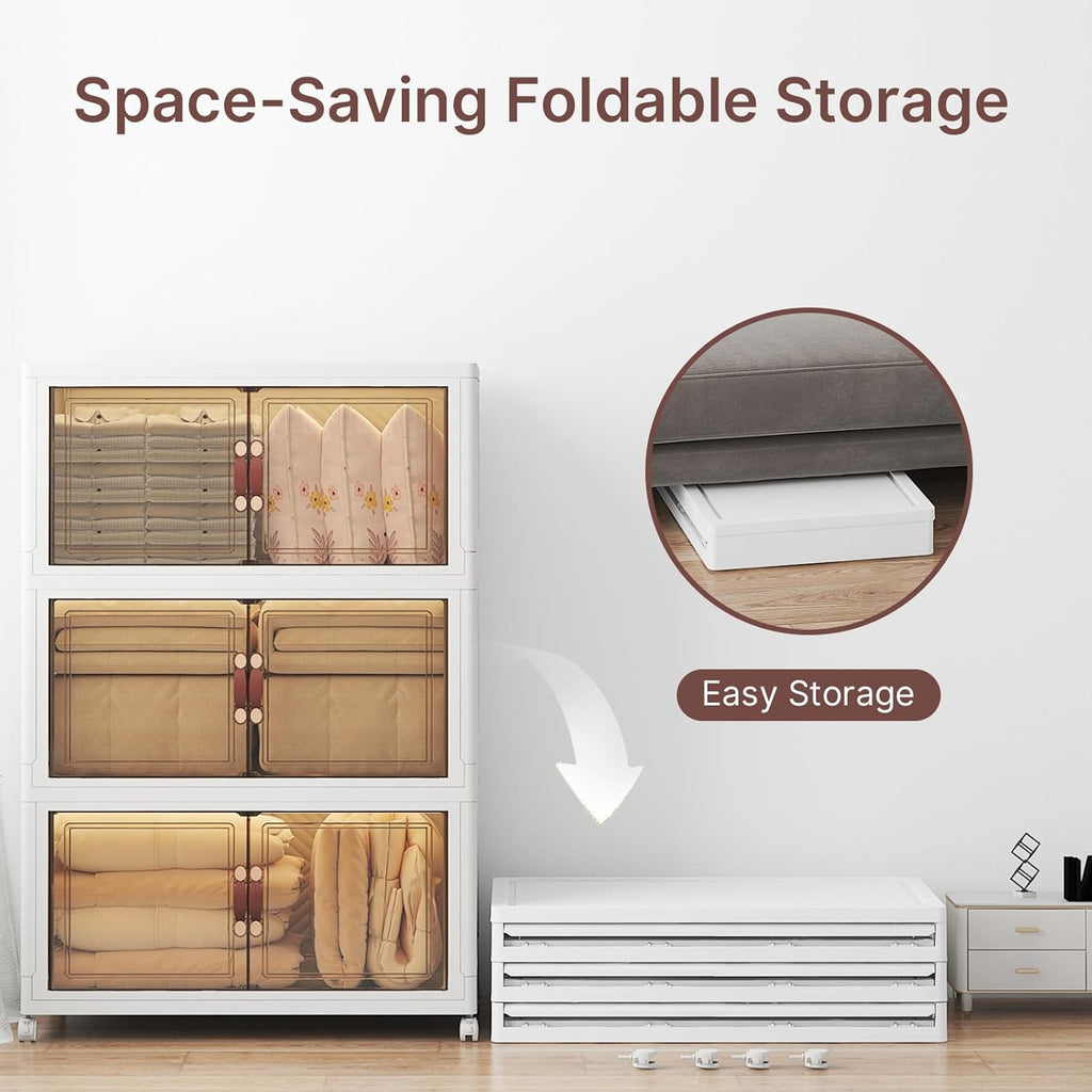 480Qt Stackable Storage Bins with Lids, 3 Pack Large Collapsible Bins with Wheels, Plastic Cabinet with Doors, Foldable Closet Organizers and Storage for Home, Dorm, Office, White