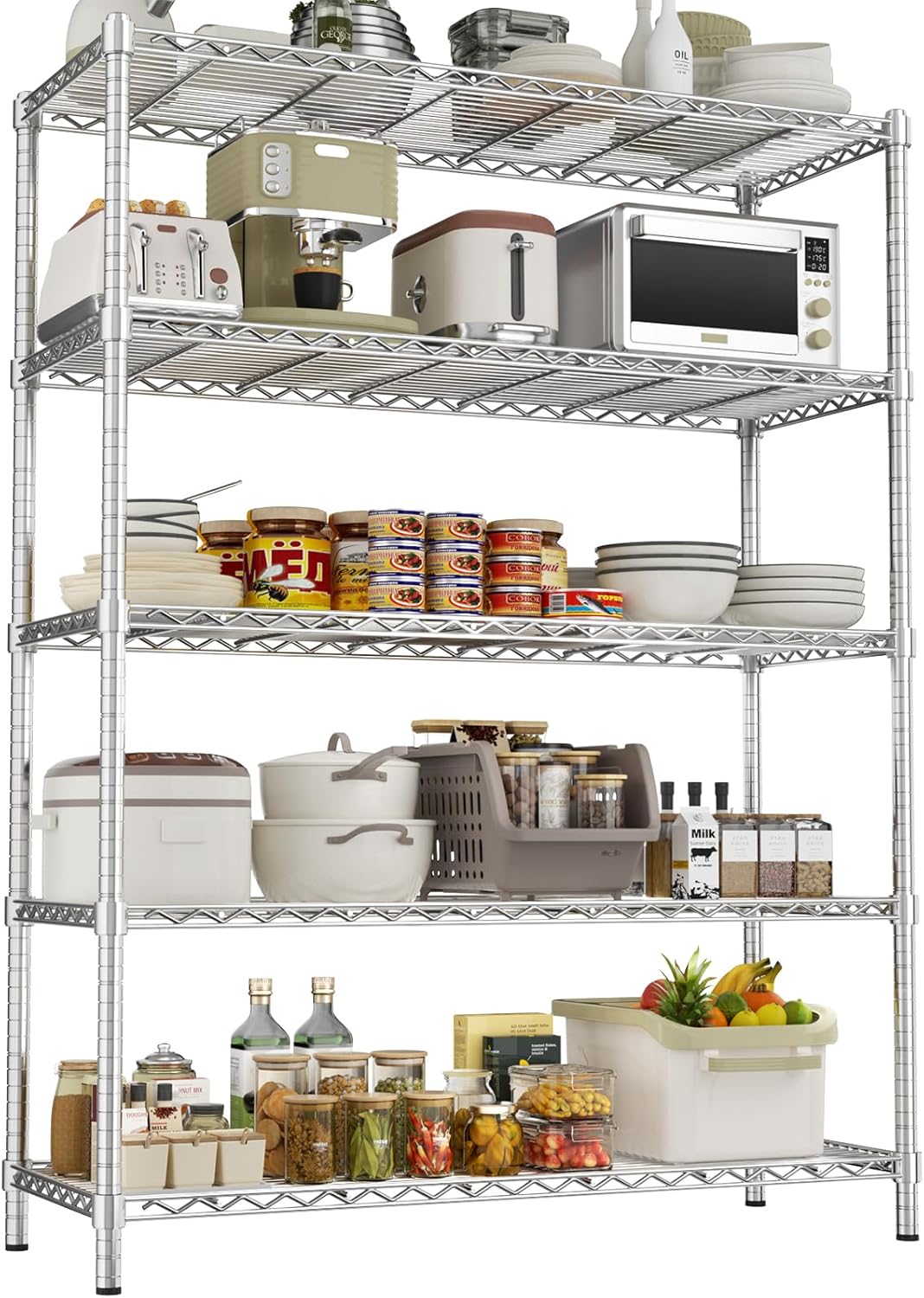 Storage Shelves Heavy Duty, 45" W x 20" D x 72" H Garage Wire Shelving Unit Loads 2000LBS, 5-Tier Adjustable Metal Industrial Utility Shelf Rack for Kitchen, Laundry Room, Pantry, Warehouse, Basement