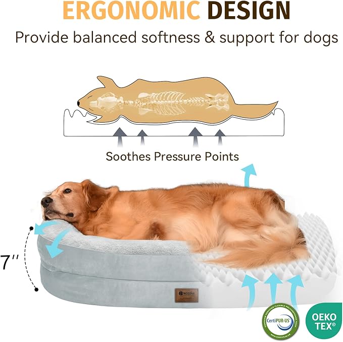 Orthopedic Waterproof Large Dog Bed: Memory Foam Washable Dog Bed with Bolsters - Removable Orthopedic Cover for Medium L XL Large Sized Pet - Non-Slip Bottom - Silver